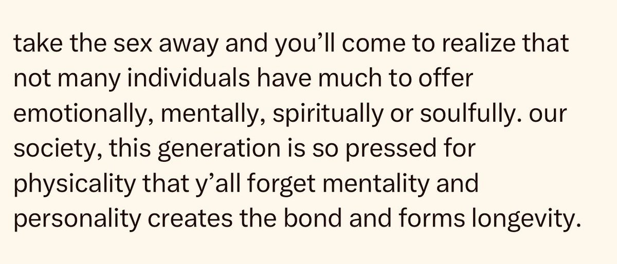 ii7_8's tweet image. " إذا أزلت الجنس من العلاقة، ستُدرك أن الكثير من الناس لا يملكون شيئًا حقيقيًا ليقدّموه على الصعيد العاطفي أو العقلي أو الروحي أو الإنساني.
مجتمعنا، وجيلنا تحديدًا، أصبح مهووسًا بالجوانب الجسدية لدرجة أنكم نسيتم أن العقلية والشخصية هما ما يخلق الرابط الحقيقي ويمنح العلاقة…
