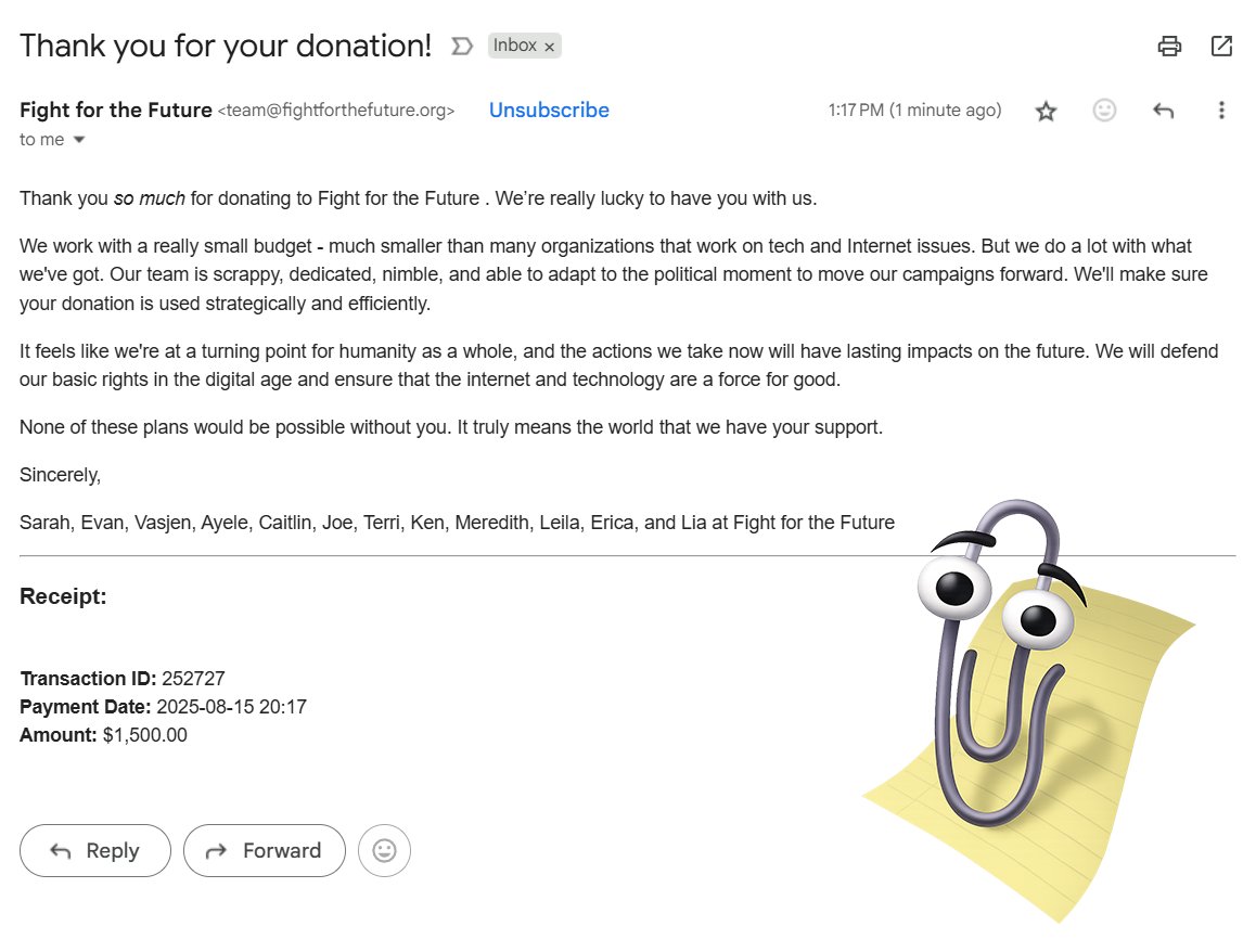Receipt of Clippy's $1,500 donation to Fight for the Future
