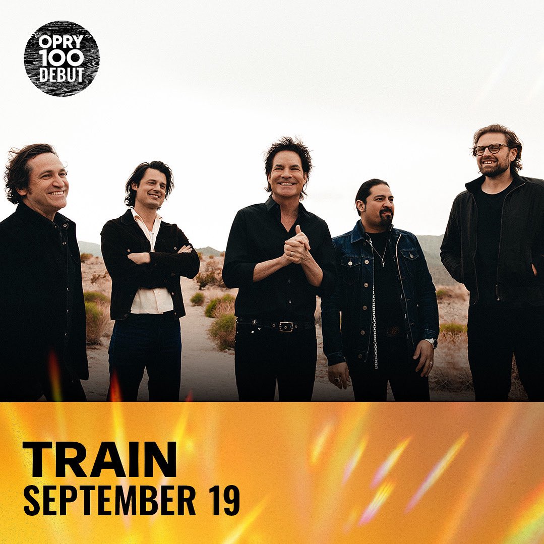 train's tweet image. Nashville, we have the absolute honor to make our @opry debut on September 19th for Opry 100! So many amazing artists have played the stage before us, and we're ready to make our stamp 🪕 tickets are on sale now bit.ly/4mjHi4z