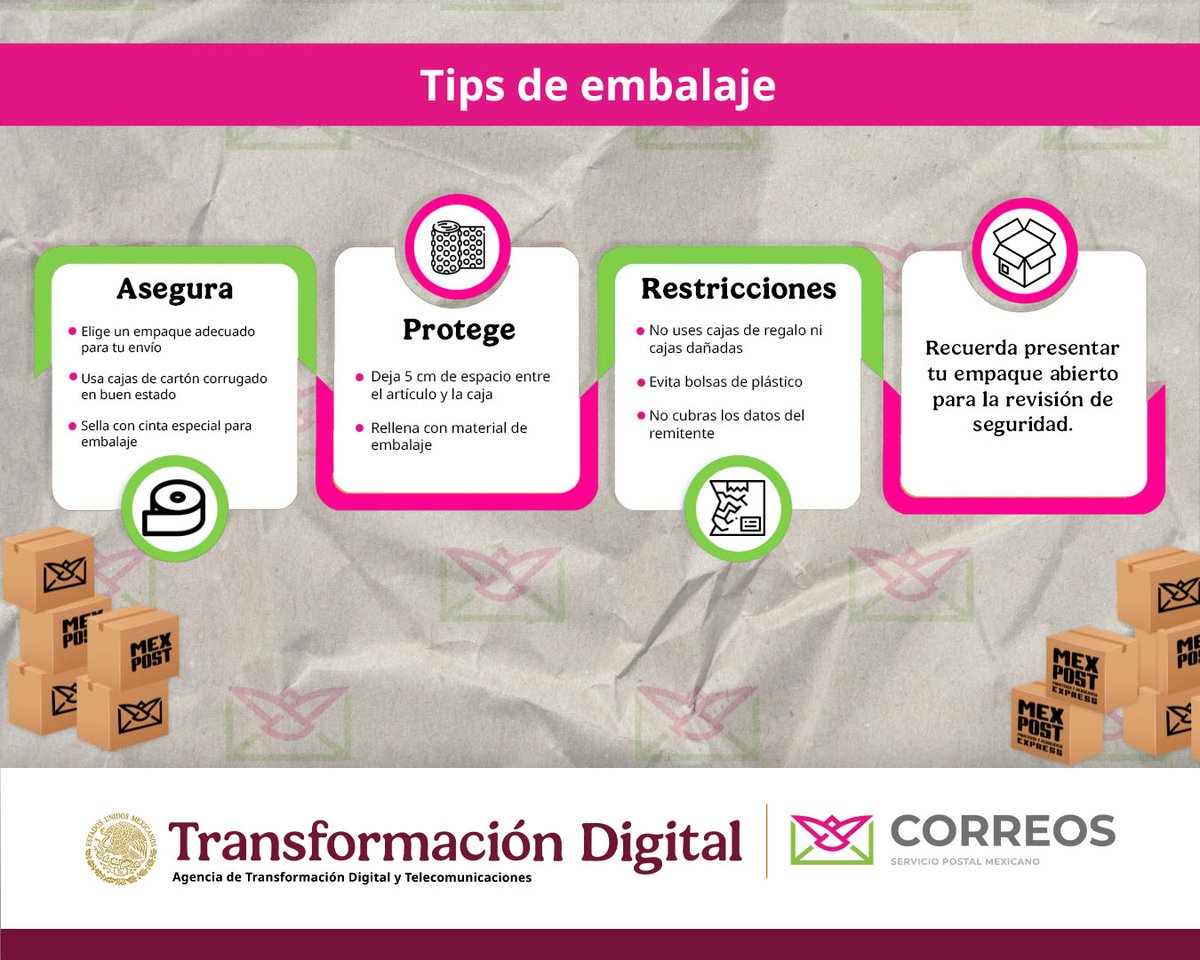 ✅ Asegura, protege y revisa restricciones. 📦✋
🔍 Lleva tu paquete abierto para revisión.

Da clic para más detalles 👉 goo.su/zAFjDV

#CorreosDeMéxico #EmpaqueSeguro #EnvíaConConfianza