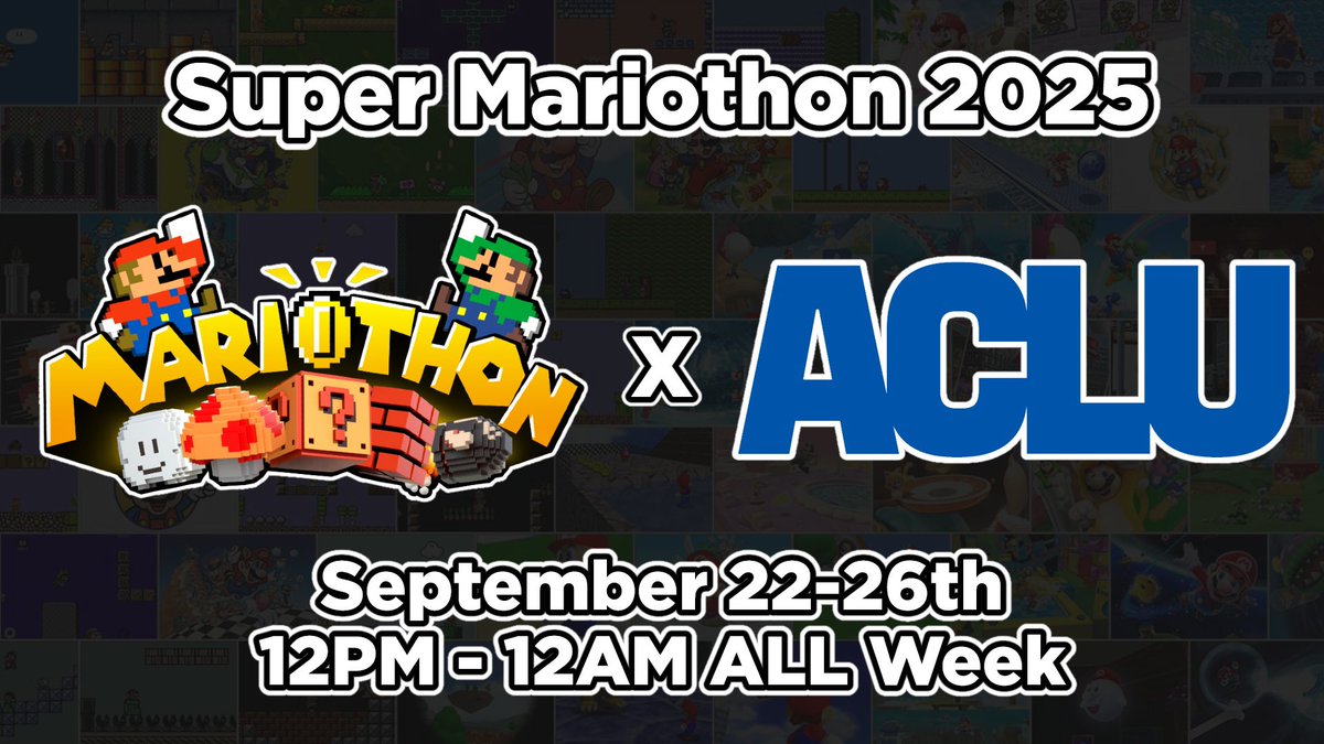 🍄 Super Mariothon is on for 2025!

💰 This year, we are raising funds for <a href="/ACLU/">ACLU</a> and their efforts of providing legal funding for immigrants, trans folks, and other underprivileged groups in the USA

📅 Tune in for tons of Mario games, events, &amp; donate to the cause starting 9/22!