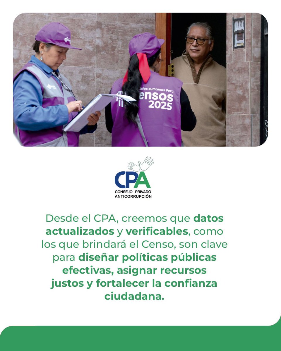 #Censo2025 📊🇵🇪

Los datos que brindes definirán recursos y políticas para millones. 

Desde el CPA pedimos veracidad para decisiones justas y más confianza ciudadana. 

#CPA #ParticipaciónCiudadana #PolíticasPúblicas