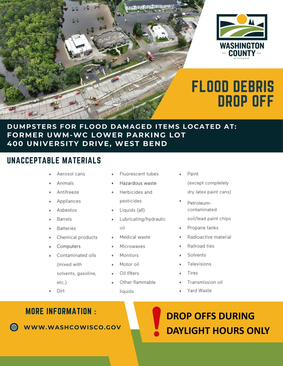 📢 Washington County residents: No-fee flood debris drop off begins today. See details in flyer below. Check in with your neighbors who may need help moving flood-damaged items. Let's take care of each other! 💖   
 #LoveYourNeighbor #OurGreatCommunity