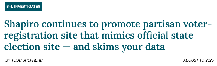 PAGOP's tweet image. 🚨 Shame on Shady Shapiro 🚨

Governor Shapiro continues to push a voter-registration site (vote.pa) that looks like the official state site, but it’s run by partisan operatives who are harvesting your personal data for political ads. This is classic…