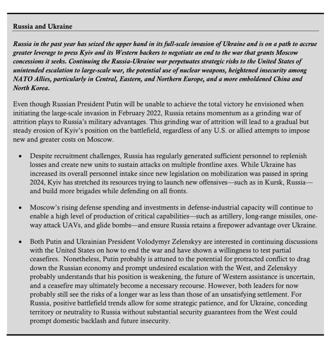 The U.S. intelligence community’s 2025 annual threat assessment, released in March, said then that both Putin and Zelenskyy “probably still see the risks of a longer war as less than those of an unsatisfying settlement.” 

dni.gov/files/ODNI/doc…