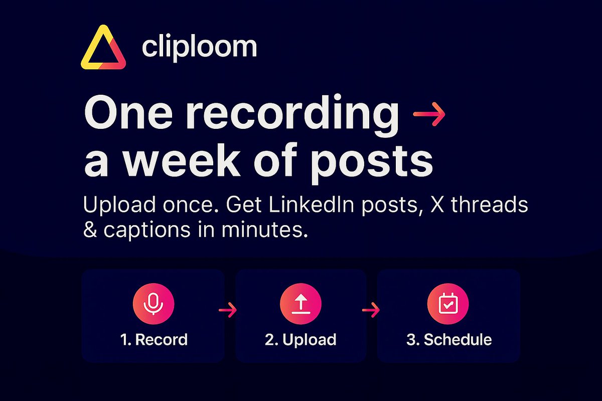 ClipLoom Early Access is open

• Upload a recording
• Get LinkedIn posts, X threads &amp; captions in minutes

Join: tally.so/r/mR9ERl/?utm_…