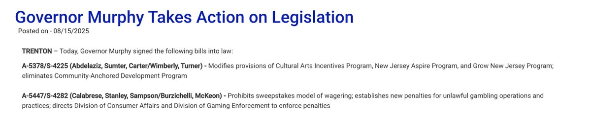 Daniel Wallach (@wallachlegal) on Twitter photo New Jersey officially becomes the 4th state to ban online sweepstakes casinos by statute, as New Jersey Gov. Phil Murphy announces that he has signed the anti-sweeps bill passed by the NJ Legislature. New York now on deck as #5 once Gov. Hochul signs off on that legislation. New Jersey officially becomes the 4th state to ban online sweepstakes casinos by statute, as New Jersey Gov. Phil Murphy announces that he has signed the anti-sweeps bill passed by the NJ Legislature. New York now on deck as #5 once Gov. Hochul signs off on that legislation.