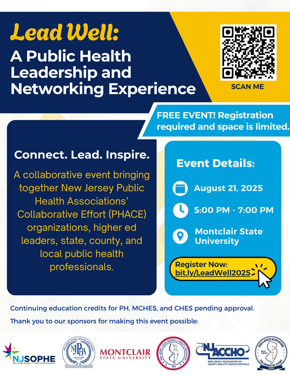 About a week away! 
 Lead Well: A Public Health Leadership &amp; Networking Experience — connect with NJ public health leaders, higher ed &amp; local pros.

📅 Aug 21 | 🕔 5–7 PM | 📍 Montclair State Univ | FREE 

🔗 bit.ly/LeadWell2025
#LeadWell2025 #PublicHealth  #networking
