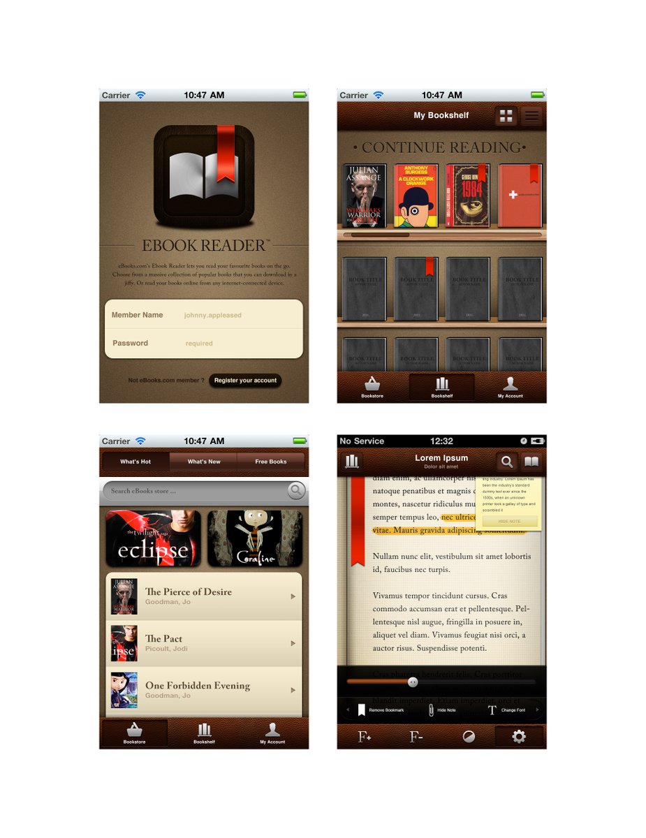 How much skeuomorphism do you want? .... YES! … leather, brushed metal, wood, shelves, docks. A design for eBooks dot com that I worked on 16 years ago.