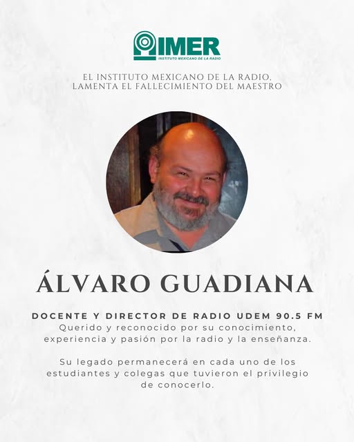 ⚫ En IMER Noticias nos unimos a la pena que embarga a la familia por la muerte de Álvaro Guadiana, maestro y director de <a href="/RadioUDEM905fm/">UDEM 90.5FM 🎙</a> entre 2002 y 2017.  

Pronta resignación a su familia, amigos y estudiantes, con quienes compartió experiencia sobre la #radio en 🇲🇽. 📻
#QEPD