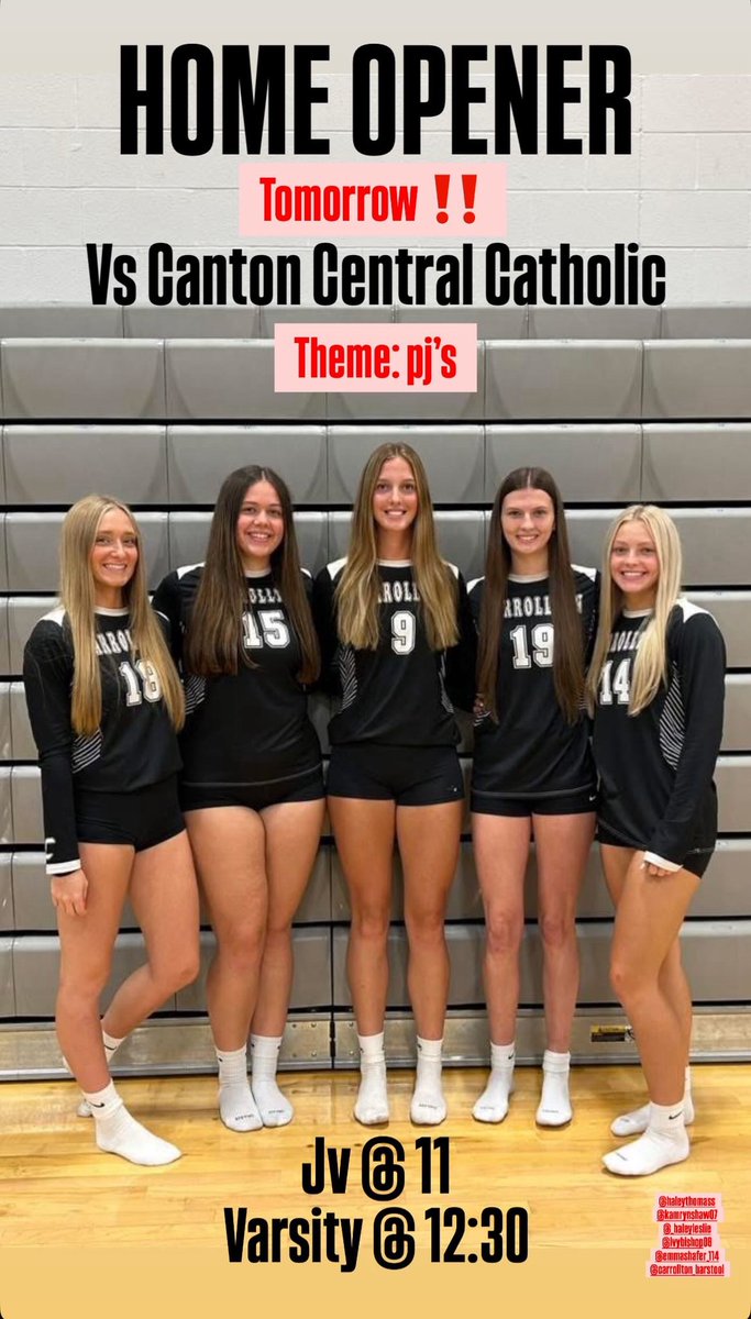 Girls volleyball home opener ‼️‼️
Vs. Canton Central Catholic 

WHEN- Saturday (8/16) w/ freshman starting @ 10

WHERE- Home in the HS gym

ATTIRE- pj’s🌜💤

Come support our girls as they start take on the Crusaders!⚫️⚪️