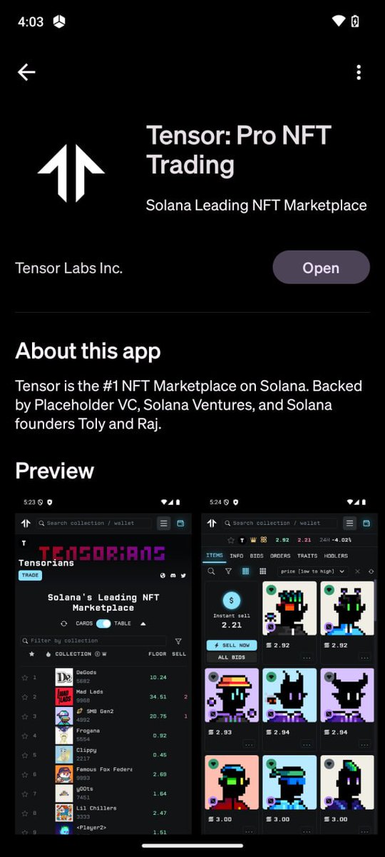 0xrwu's tweet image. .@tensor_hq is officially in the @solanamobile dapp store!