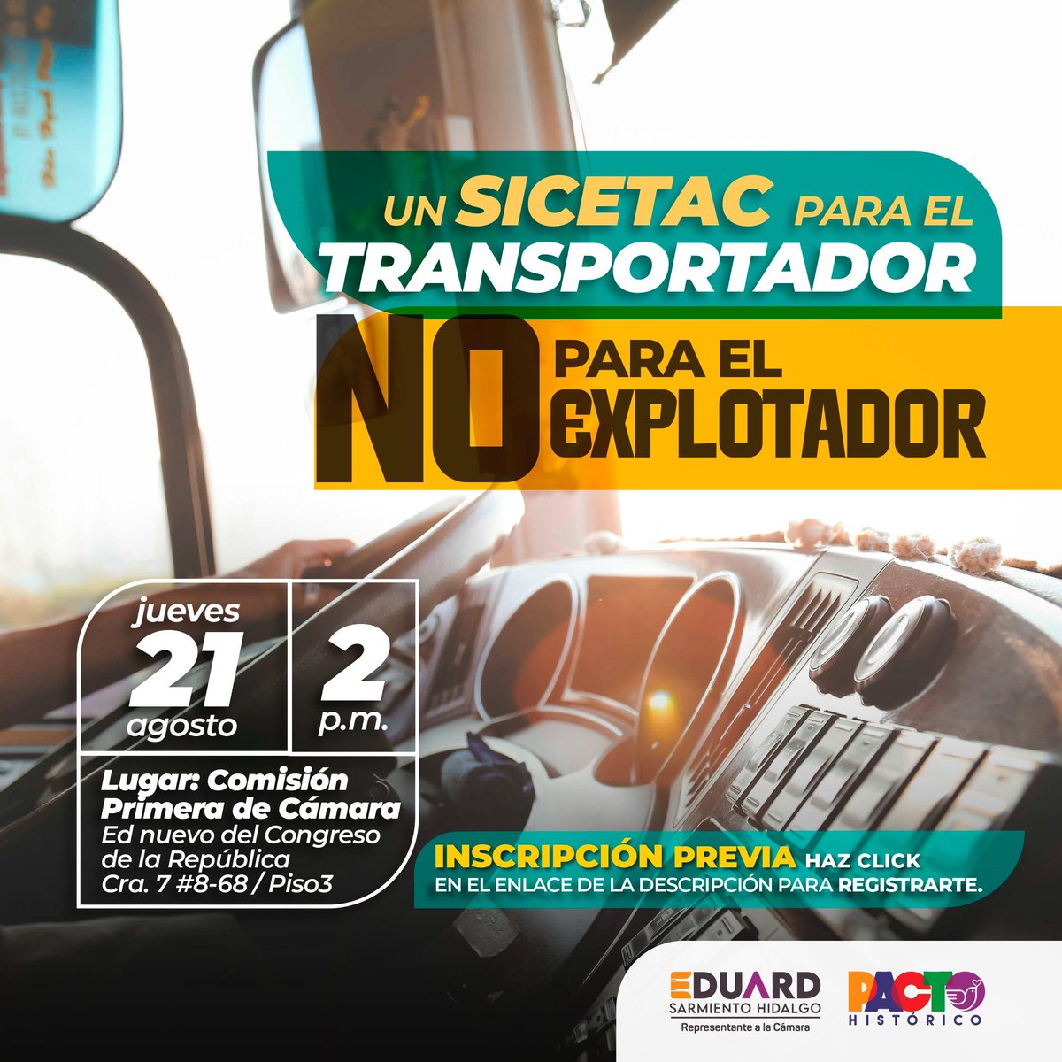 🚛 *UN SICETAC PARA EL TRANSPORTADOR, NO PARA EL EXPLOTADOR*
📅 Jueves 21 de agosto
🕑 2:00 p.m.
🏛 Comisión Primera, Cámara de Representantes – Congreso de la República
Inscríbete aquí y acompáñanos en la socialización del proyecto de ley.
🔗 forms.gle/bVi3XnW6Q7FM39…