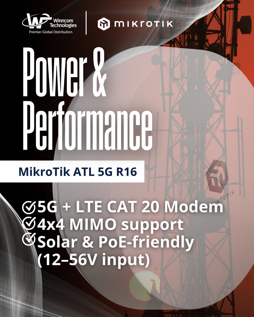WinncomTech's tweet image. Part 2: High-Performance Connectivity with @mikrotik_com – Designed for harsh environments. Trusted by professionals.

👉 MikroTik + Winncom: Powering smarter networks. 
 #MikroTik #WinncomTechnologies #NetworkingSolutions #TechDistribution #MoreThanDistribution