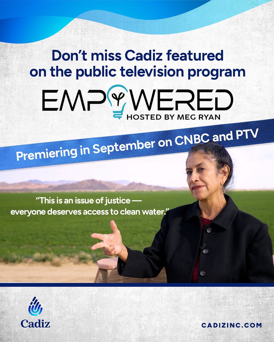 💧 Who gets left out of the water conversation?

Cadiz board member Maria Echaveste joins Empowered with Meg Ryan to talk water equity, access, and the Mojave’s untapped potential.

📺 Premiering September on CNBC &amp; PTV — don’t miss it!

#WaterEquity #WaterAccess #CleanWater