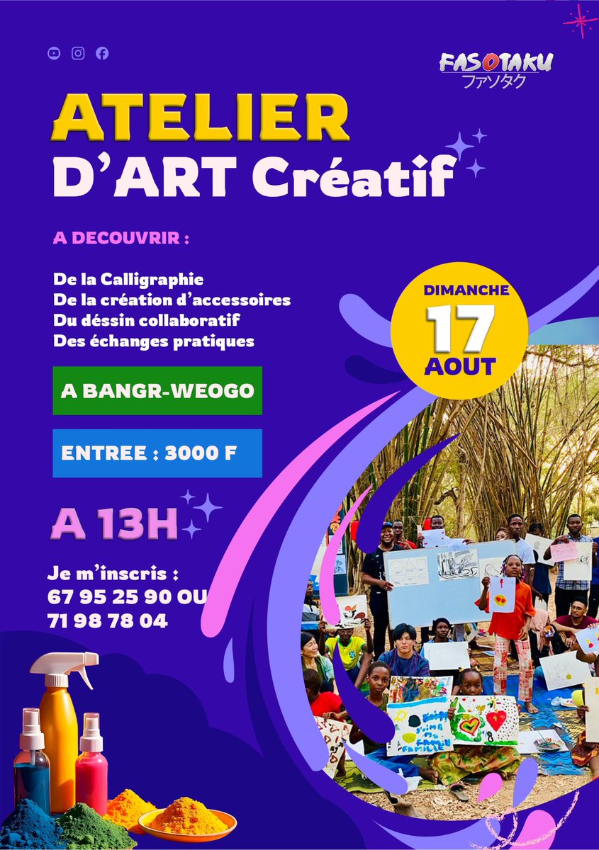 🖋️✨ Plongez dans l’art de la calligraphie du cosplay et de la décoration ✨🖋️
📅 17 août 2025 | 🕐 13h
📍 Parc Urbain Bangr-Weogo – Ouagadougou