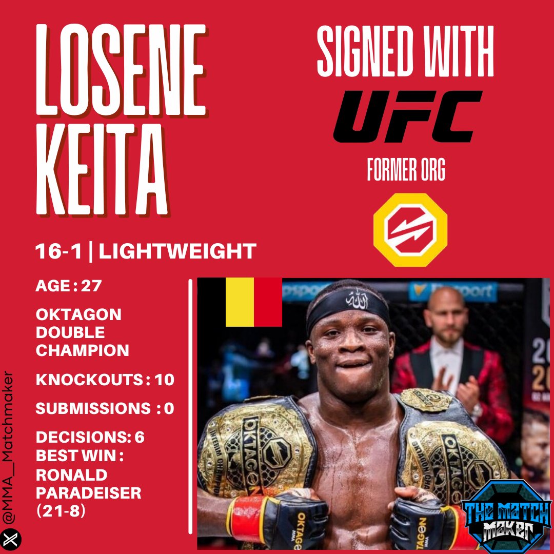 MMA__Matchmaker's tweet photo. 🚨MASSIVE NEWS🚨

Per the UFC Fight Pass database, the hottest free agent in the world 🇧🇪Losene Keita (16-1) is signing with the UFC !

He was a double champion with Oktagon MMA.

#UFC #MMA https://t.co/LG4I9mOmZe