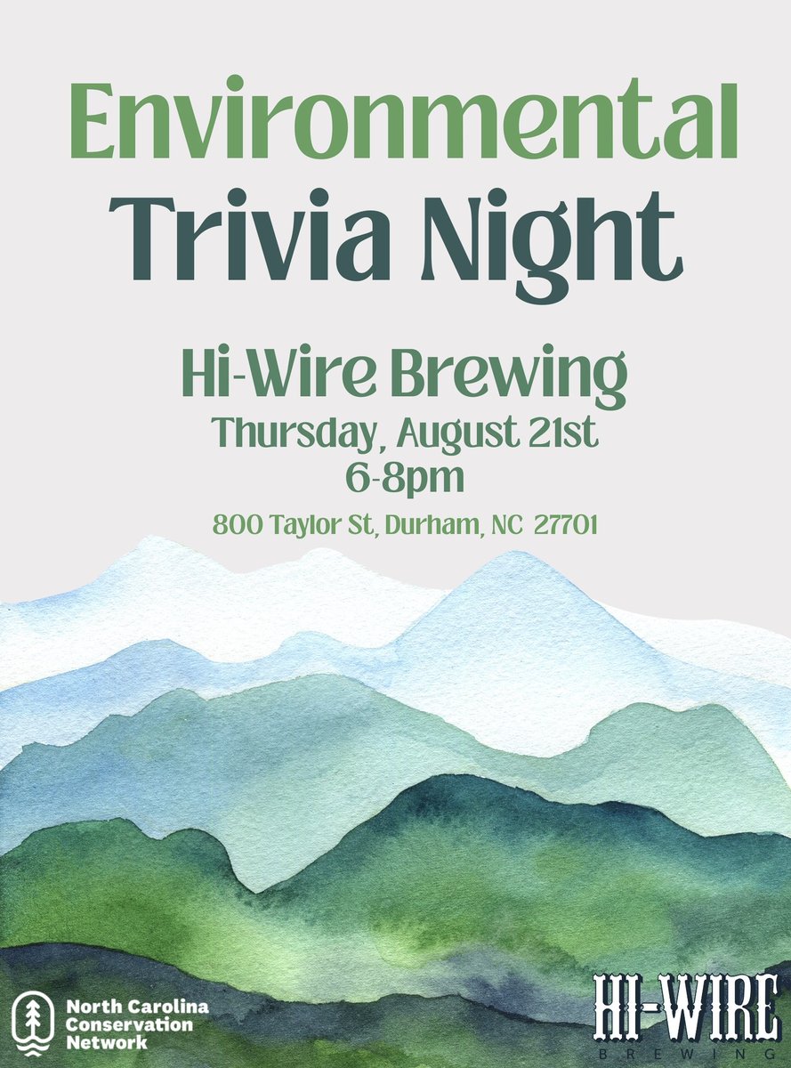North Carolina Conservation Network (@ncconservation) on Twitter photo 🐂 HELLO BULL CITY FRIENDS! 🐂Come join us at Hi-Wire Brewing in Durham on Thursday (8/21, 6pm) for Trivia Night! Test your knowledge of NC’s plants, animals, geography, &  environmental issues. We’ve got some cool prizes for the winners + infinite bragging rights! 🐂 HELLO BULL CITY FRIENDS! 🐂Come join us at Hi-Wire Brewing in Durham on Thursday (8/21, 6pm) for Trivia Night! Test your knowledge of NC’s plants, animals, geography, &  environmental issues. We’ve got some cool prizes for the winners + infinite bragging rights!