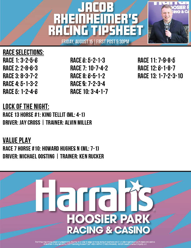 Here's a look at <a href="/JRhein98/">Jacob Rheinheimer</a>'s picks for tonight <a href="/HoP_Racing/">Harrah's Hoosier Park</a> #PlayHP