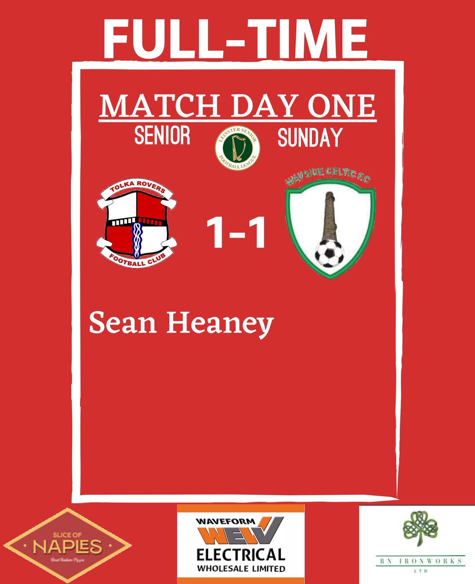 Full-time at Frank Cooke Park:
Tolka Rovers 1–1 Wayside Celtic
⚽ Sean Heaney

A big thank you to everyone who came out to support the lads today — your backing means a lot! ❤️🤍

We’re back at home this Tuesday for our second home game of the season as we take on Killester