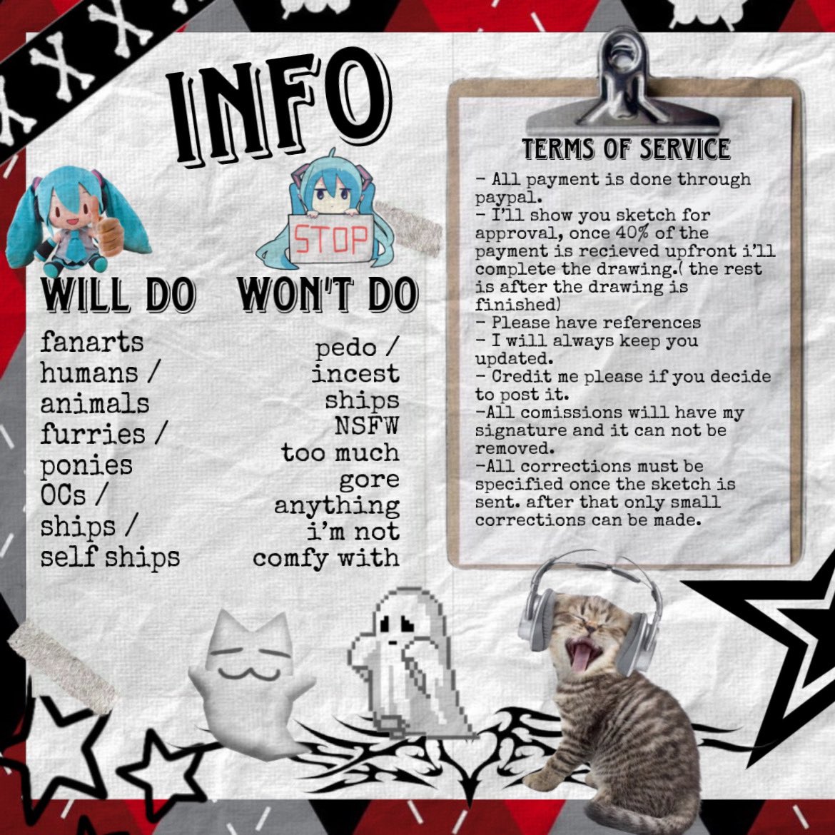 !!!! COMMISSION INFO !!!!
 
Hii yall! All commissions are HIGHLY appreciated<3 and I am very thankful for anyone that decided to support me!

P.S. had to put two pictures together bcs the limit is 4</3
#digitalart #artmoots #commissionopen #ArtistOnX