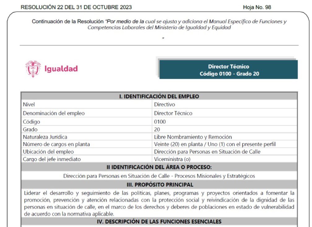JenniferPedraz's tweet photo. #DENUNCIA 🚨 Hasta anoche este era el manual de funciones para ser viceministra de Juventud 👇 y Juliana Guerrero NO CUMPLE NINGÚN REQUISITO, ni por experiencia profesional ni por recorrido académico.

¿Lo van a cambiar para acomodarla? 
Este no es un Gobierno para las juventudes.