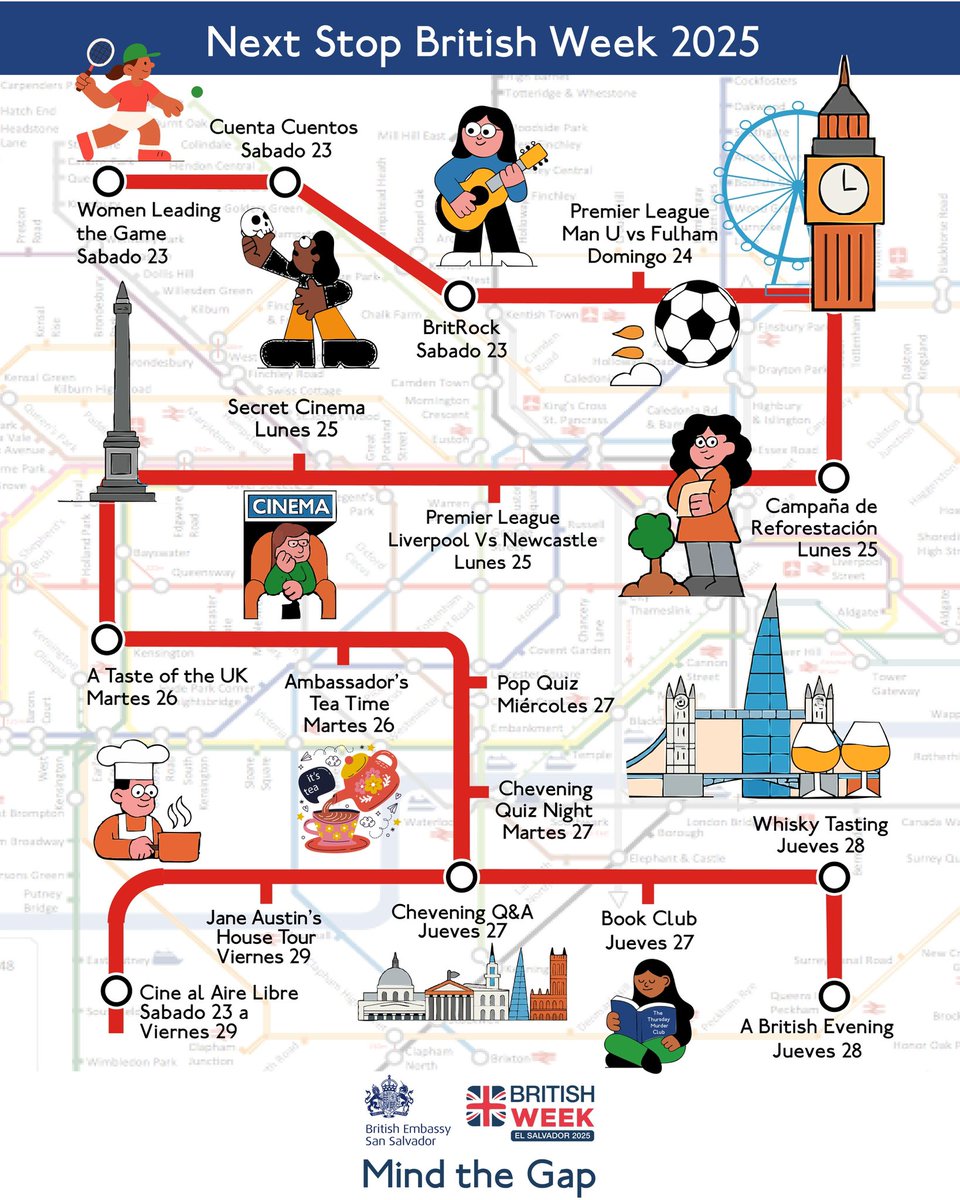 🚇 Próxima parada: #BritishWeek2025 

Este agosto, súmate a un recorrido cultural único: música, cine, literatura y más. 

📅 Consulta el calendario y elige tus paradas favoritas.