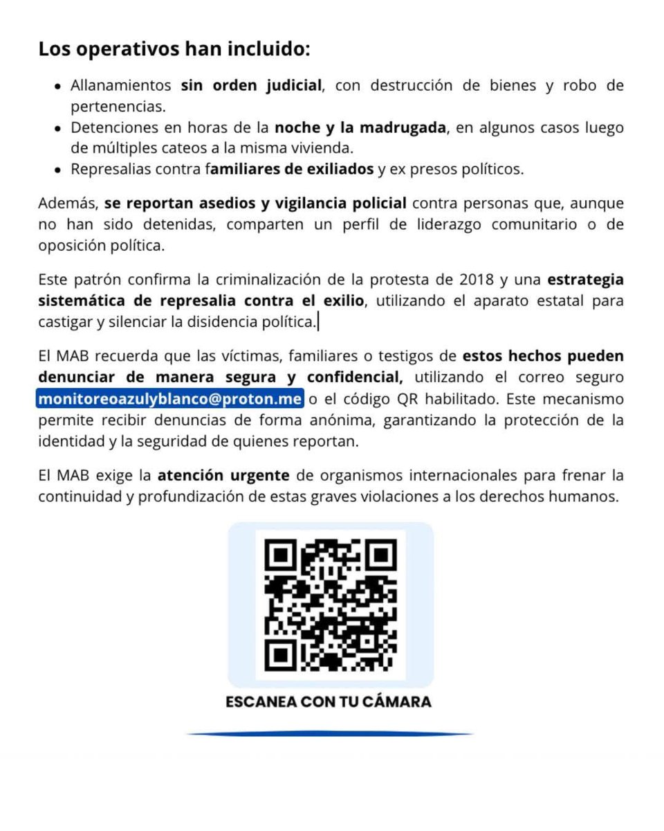 Café con Voz (@cafeconvozni) on Twitter photo Al menos 22 detenidos en redadas en Carazo, Granada, Masaya y Rivas, según el <a href="/AzulyMonitoreo/">Monitoreo Azul y Blanco</a>
🔹 Allanamientos violentos y saqueos.
🔹 Uso de técnica canina.
🔹 Detenciones en la noche y madrugada.
🔹 Represalias contra familiares de exiliados y excarcelados políticos. Al menos 22 detenidos en redadas en Carazo, Granada, Masaya y Rivas, según el <a href="/AzulyMonitoreo/">Monitoreo Azul y Blanco</a>
🔹 Allanamientos violentos y saqueos.
🔹 Uso de técnica canina.
🔹 Detenciones en la noche y madrugada.
🔹 Represalias contra familiares de exiliados y excarcelados políticos.