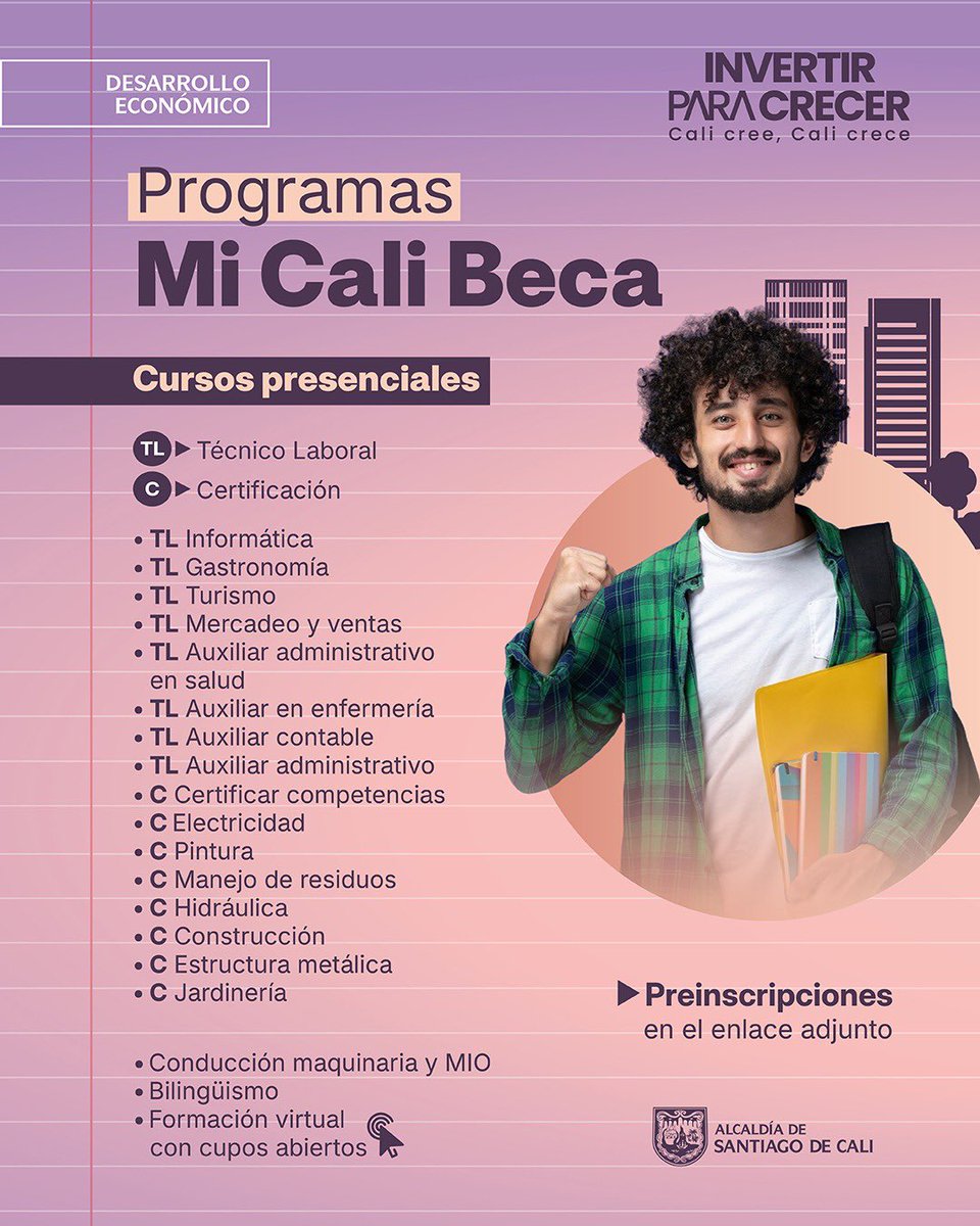 🚨🚨🚨Pasen la bola…
En Cali tenemos becas
#MiCaliBeca es la oportunidad para formarte, certificarte y dar el salto al empleo digno que mereces.

📚 Cursos presenciales
🗣 Inglés
🚗 Conductores (con subsidio de transporte y alimentación)
💻 Formación virtual
📜 Certificación en
