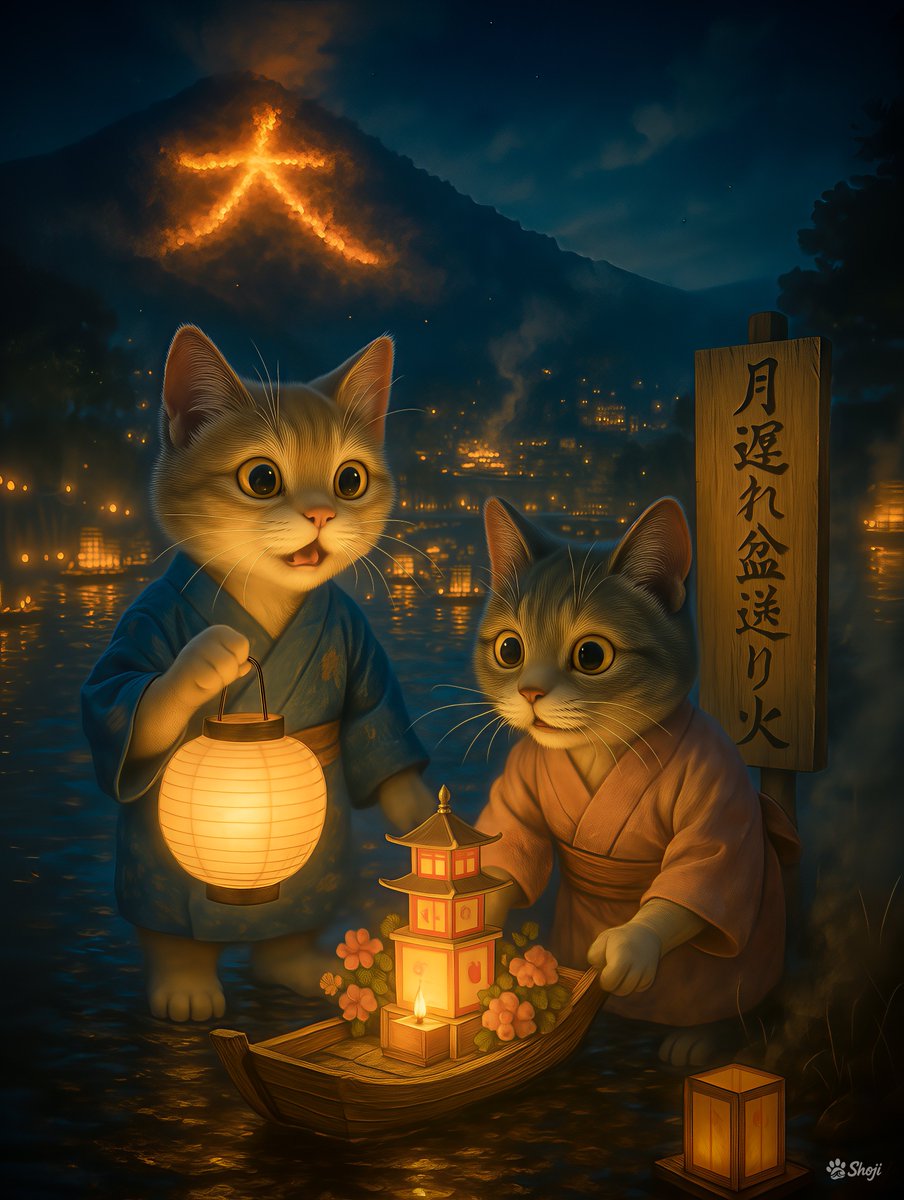 Lantern Farewell Night 🌌
A summer night when families send off the spirits of their ancestors with glowing fires and floating lanterns, blending Kyoto’s mountain bonfires and Nagasaki’s spirit boat traditions.
#ShojiCatCalendar