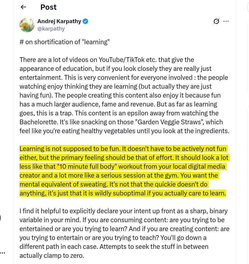 rohanpaul_ai's tweet image. &quot;Learning is not supposed to be fun ... the primary feeling should be that of effort.&quot;

🎯 Andrej Karpathy on how to learn.

I did a ChatGPT DeepResearch (link below), for  studies justifying this. Basically it found👇

If learning feels easy, results are usually shallow. If…