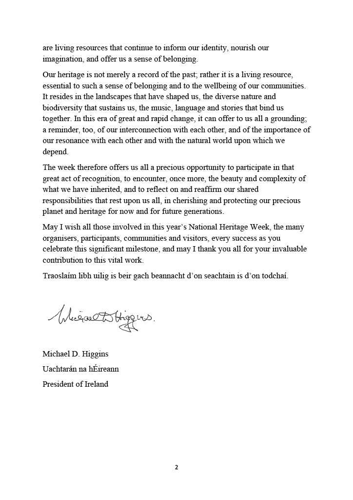 President Higgins has written a message ahead of National Heritage Week, which will see over 2,000 events take place across our towns, villages and landscapes over the next week