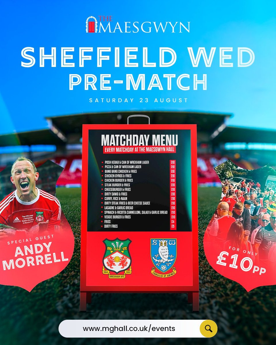 Andrew Pollard (@culturedleftpeg) on Twitter photo The legendary Mickey T at <a href="/MGWrecsam/">Maesgwyn Hall Wxm</a> tomorrow for pre-match, and another legend confirmed for Sheff Wed next weekend.
96 games in 269 games, 39 goals in that 2003 promotion, took us to FA Trophy Wembley glory in 2013 - <a href="/andymorrell01/">Andy Morrell</a>!
Tickets available⬇️
sbee.link/f7rjcxhwqk The legendary Mickey T at <a href="/MGWrecsam/">Maesgwyn Hall Wxm</a> tomorrow for pre-match, and another legend confirmed for Sheff Wed next weekend.
96 games in 269 games, 39 goals in that 2003 promotion, took us to FA Trophy Wembley glory in 2013 - <a href="/andymorrell01/">Andy Morrell</a>!
Tickets available⬇️
sbee.link/f7rjcxhwqk
