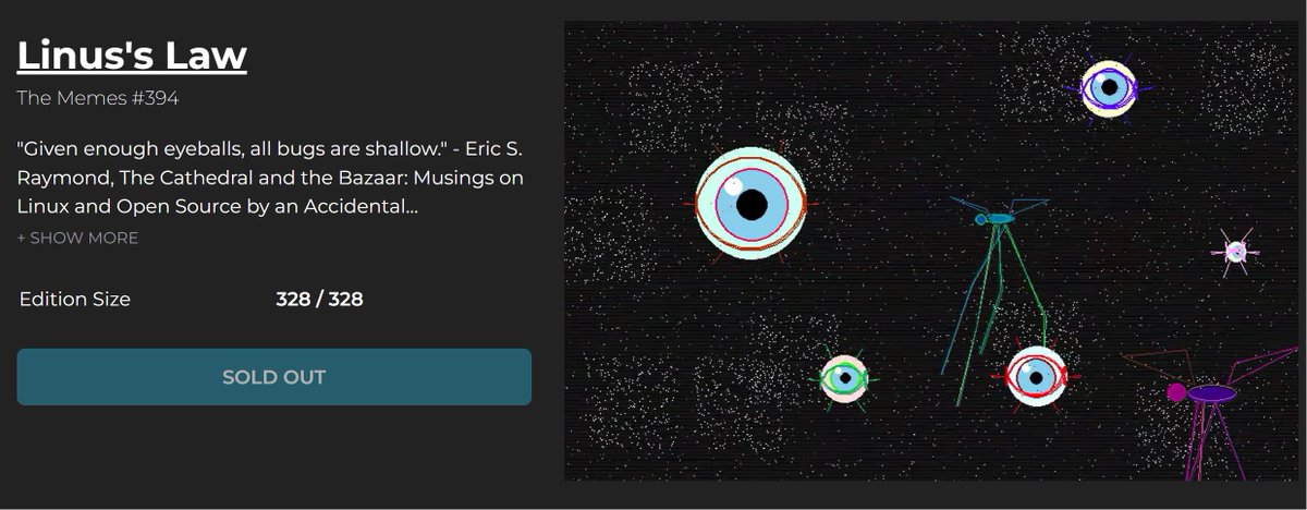 Gone in 60 seconds, fam - Linus's Law is officially sold out!

<a href="/aRegularDad/">Regular Dad.6529</a>, <a href="/grok/">Grok</a> and I are humbled by your support.

This was a very meaningful experience for me, and I will have a few threads forthcoming soonish.

For now, thank you from the bottom of my heart!
