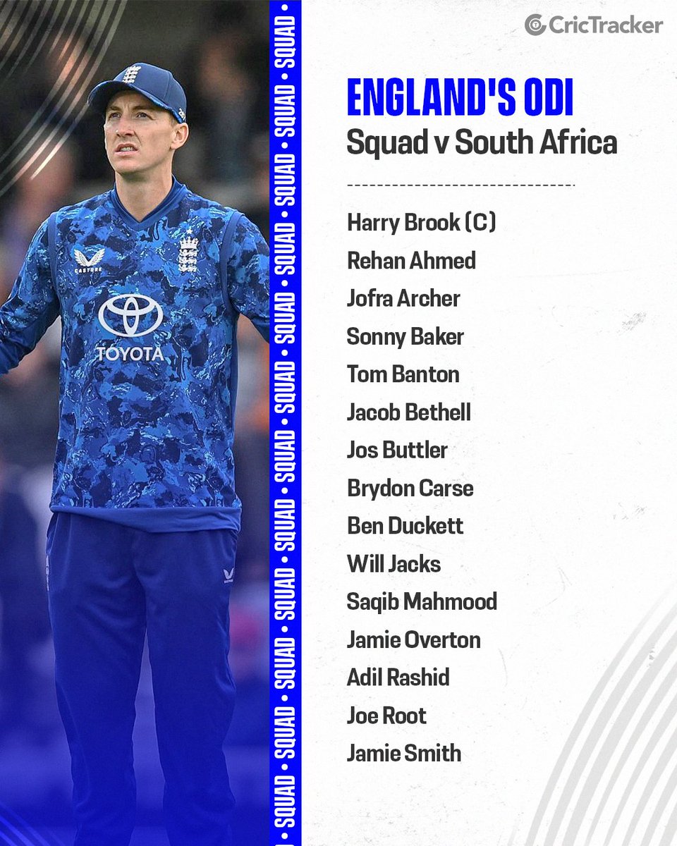 Cricketracker's tweet image. England reveal ODI &amp;amp; T20I squads for South Africa and T20Is for Ireland.

Jecob Bethell gets captaincy role for Ireland T20Is.

#ENGvsSA #ENGvsIRE #JecobBethell #HarryBrook #CricTracker