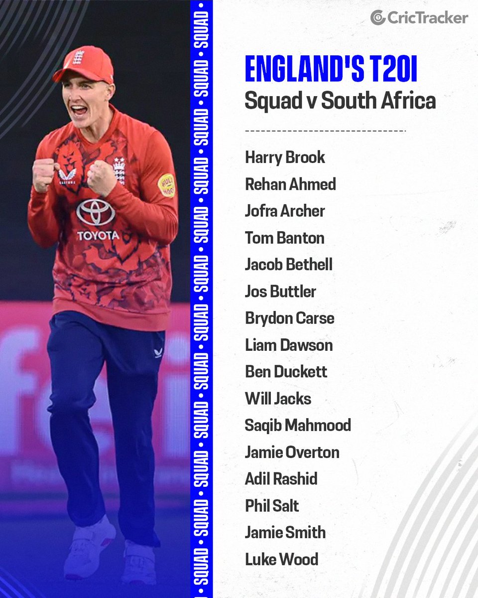 Cricketracker's tweet image. England reveal ODI &amp;amp; T20I squads for South Africa and T20Is for Ireland.

Jecob Bethell gets captaincy role for Ireland T20Is.

#ENGvsSA #ENGvsIRE #JecobBethell #HarryBrook #CricTracker