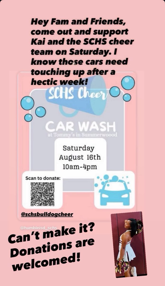 Shannon Carroll (@msltdavis) on Twitter photo Hey Friends. Come out and support my daughter and her cheer team <a href="/cheerSCHS/">SummerCreekCheer</a> This Saturday!! Get your vehicles cleaned 🧼
Can’t make it? No problem, donations are appreciated. Hey Friends. Come out and support my daughter and her cheer team <a href="/cheerSCHS/">SummerCreekCheer</a> This Saturday!! Get your vehicles cleaned 🧼
Can’t make it? No problem, donations are appreciated.