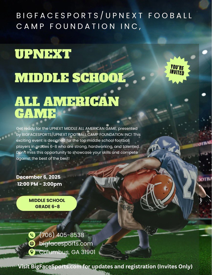 Tae’o Major (@taeomajor) on Twitter photo I’m extremely blessed to be invited to @bigfacesportss <a href="/UPNEXTCAMPS/">UPNEXT FOOTBALL CAMPS</a> (All American game) thanks for the opportunity #AGTG #431boyz <a href="/AL6AFootball/">Alabama6AFootball</a> <a href="/AL7AFootball/">Alabama7AFootball</a> @247sports <a href="/UANextFootball/">All-America Game</a> <a href="/Coach_Griggs/">Coach Dillon Griggs</a> <a href="/CoachPinkston24/">Coach Derry</a> @halltechsports1 @alabamaHSFB <a href="/BamaPrepsFB/">BamaPreps</a>
<a href="/Rivals/">Rivals</a> <a href="/PrepRedzone/">Prep Redzone 🏈</a> I’m extremely blessed to be invited to @bigfacesportss <a href="/UPNEXTCAMPS/">UPNEXT FOOTBALL CAMPS</a> (All American game) thanks for the opportunity #AGTG #431boyz <a href="/AL6AFootball/">Alabama6AFootball</a> <a href="/AL7AFootball/">Alabama7AFootball</a> @247sports <a href="/UANextFootball/">All-America Game</a> <a href="/Coach_Griggs/">Coach Dillon Griggs</a> <a href="/CoachPinkston24/">Coach Derry</a> @halltechsports1 @alabamaHSFB <a href="/BamaPrepsFB/">BamaPreps</a>
<a href="/Rivals/">Rivals</a> <a href="/PrepRedzone/">Prep Redzone 🏈</a>