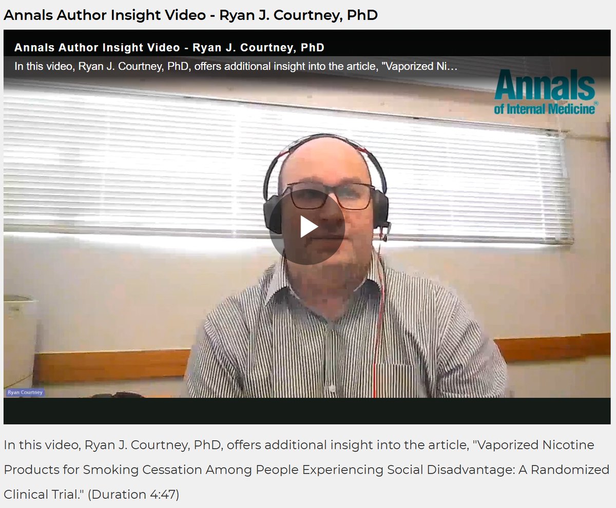 AnnalsofIM's tweet image. Watch and learn as Ryan J. Courtney, PhD discusses the findings of a recent study examining whether vaporized #nicotine products are more effective than nicotine replacement therapy for smoking cessation among people experiencing social disadvantage. bit.ly/4mAlt0d