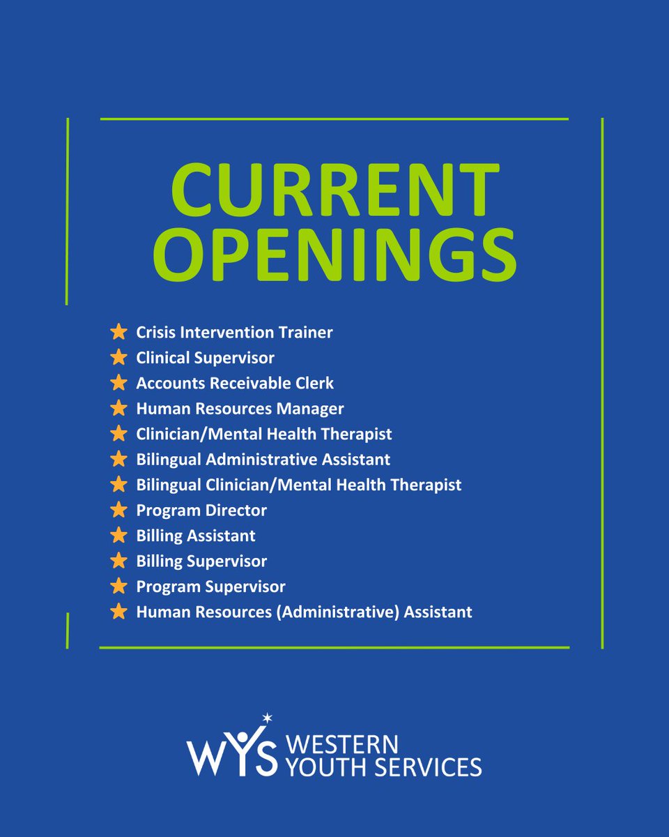 We're hiring at Western Youth Services! If you're passionate about youth mental health and want to create lasting change in your community, this might be the opportunity you've been looking for.

Explore our open positions and start your journey with us:
westernyouthservices.org/work-for-us/