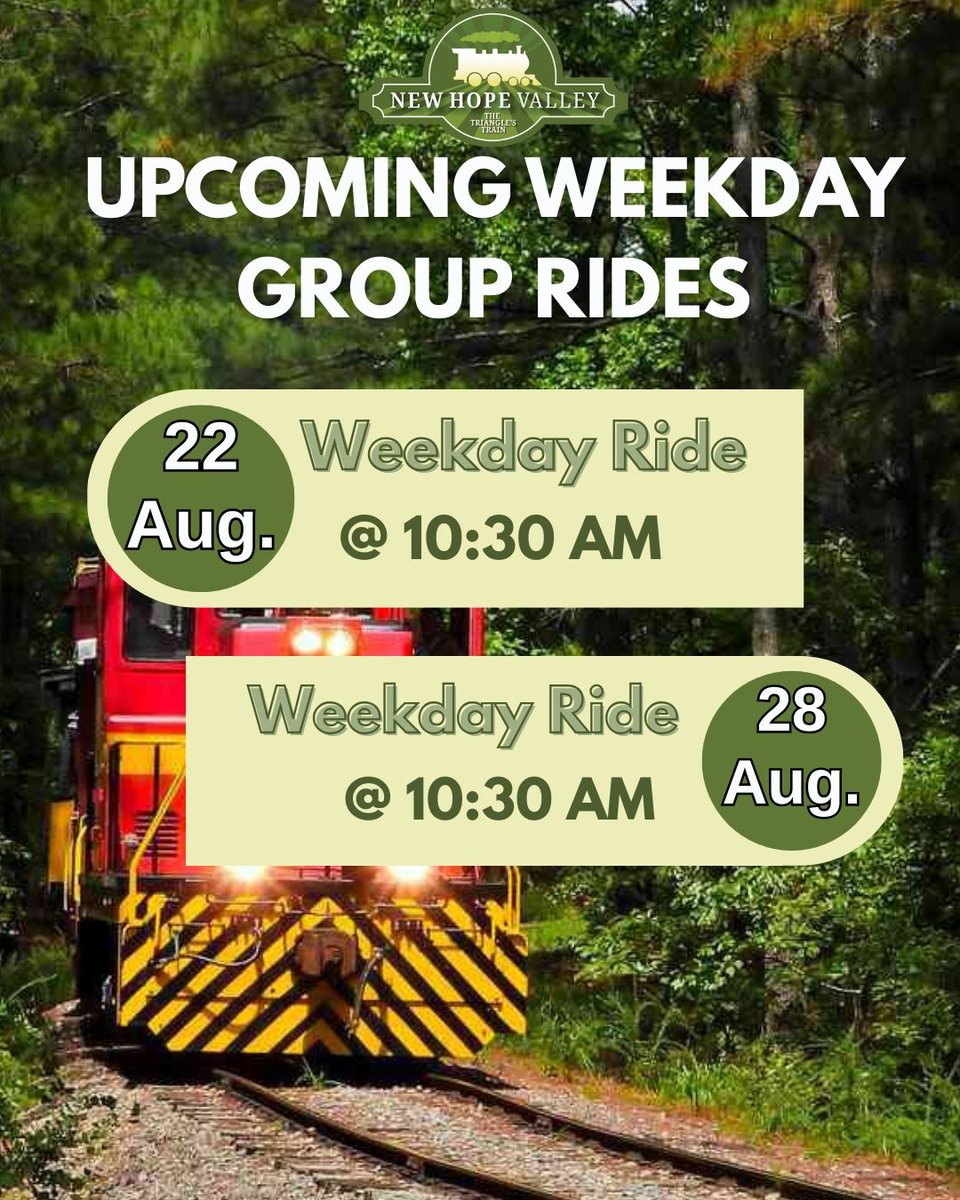 We've got a few weekday rides coming around the corner! On Fri. 22 and Thu. 28 at 10:30 a.m. visit #NewHopeValleyRailway and ride on a historic train through Bonsal. Secure your seats now at triangletrain.com   
#TrainRides #Railfan #NCTrains #NC #FamilyFun #BonsalNC