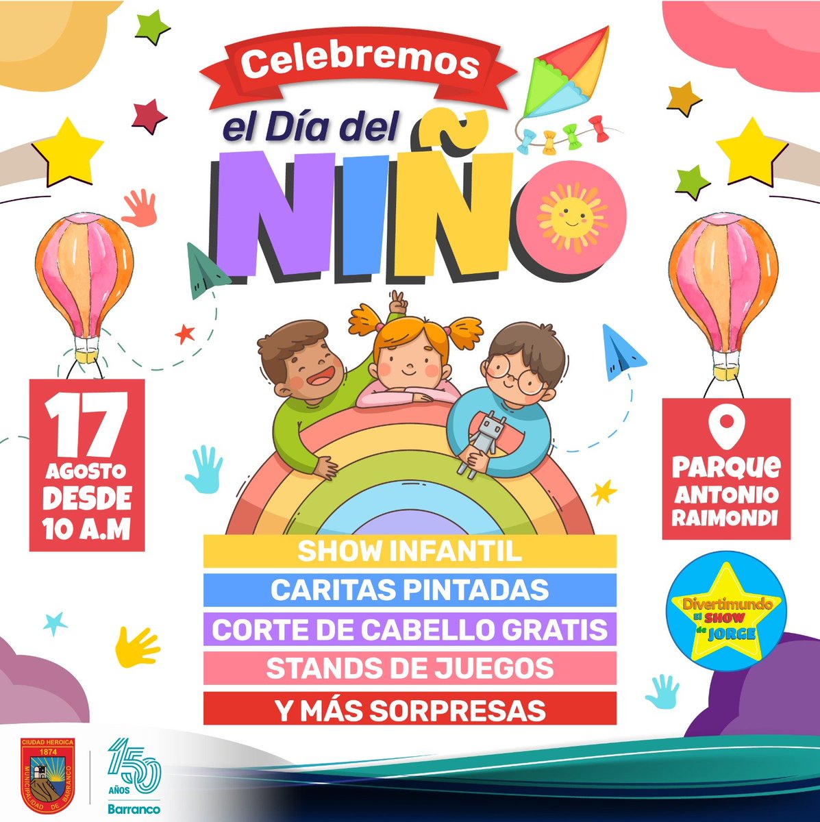 Disfruta un día lleno de diversión, juegos, sorpresas y mucha alegría con tu pequeño. Este domingo, en el día del niño ¡Ven al Parque Antonio Raimondi y celebra! 

Fecha: Domingo 17
Lugar: Parque Antonio Raimondi
Hora: 10:00 am