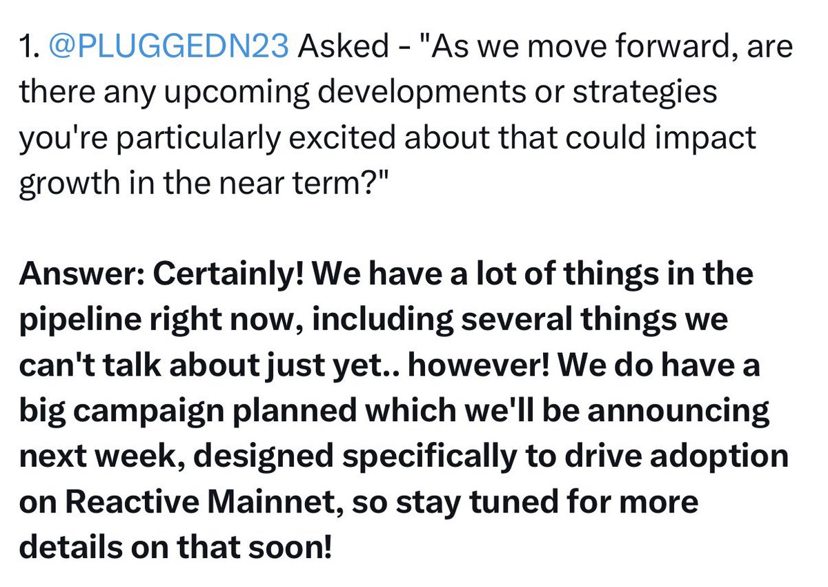 Great question from 👉 <a href="/PLUGGEDN23/">ObscuriTy</a> and a 🐂 #Bullish answer from <a href="/0xReactive/">Reactive Network</a> 🤩
If you’re 💤 sleeping on $react wake tf up!
The <a href="/0xReactive/">Reactive Network</a> team are not playing around. #Innovation in #Tech #TrendingNow #ReactiveSmartContracts #EventDrivenDeFi #CrossChainAutomation #nft #DeFi