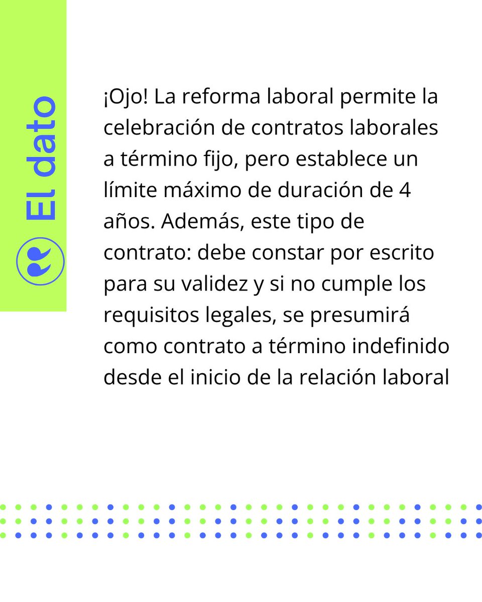 actualicese's tweet photo. #ElDato |🚨 La reforma laboral mantiene la posibilidad de celebrar contratos a término fijo, por obra o labor determinada o para la ejecución de trabajos ocasionales, siempre que dichas modalidades correspondan a la naturaleza de la labor 👀

💻 Ver más 👉 https://t.co/1lyq8MGSN8 https://t.co/Z7Xlc5qilu