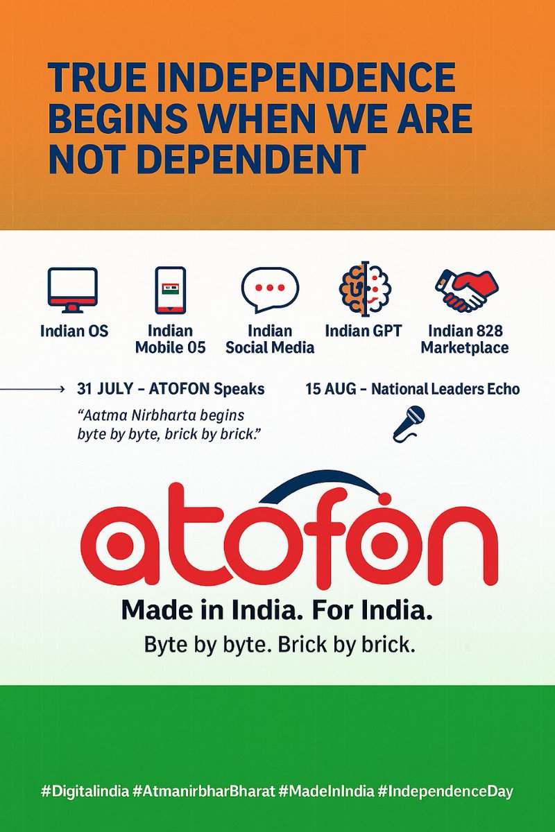 Karthikriz's tweet photo. 🇮🇳 When vision meets validation
https://t.co/HMrF6x1H0J
On July 31, we said: "TRUE INDEPENDENCE BEGINS WHEN WE ARE NOT DEPENDENT" — calling for Indian OS, Indian GPT, Indian social media, and Indian-built marketplaces like ATOFON.

📢 Today, our Prime Minister and other leaders are saying the same:
India must own the tech backbone of its future.

💡 Proud to be building ATOFON — Made in India. For India.
#DigitalIndia #AtmanirbharBharat #MadeInIndia #ATOFON