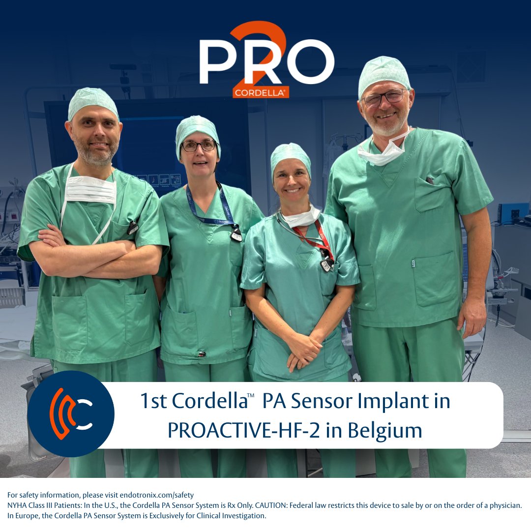 Cordella_HF's tweet photo. Congratulations to Dr. Jozef Bartunek and the team at Azorg Hospital in Aalst on implanting the 1st Cordella™ PA Sensor in Belgium as part of the PROACTIVE-HF 2 Trial! Safety Info: https://t.co/AEKQ2ClJ8y

#telemedicine #digitalhealth #medtech #heartfailure #connectedcare #clinicaltrial #PRO2 #cardiotwitter