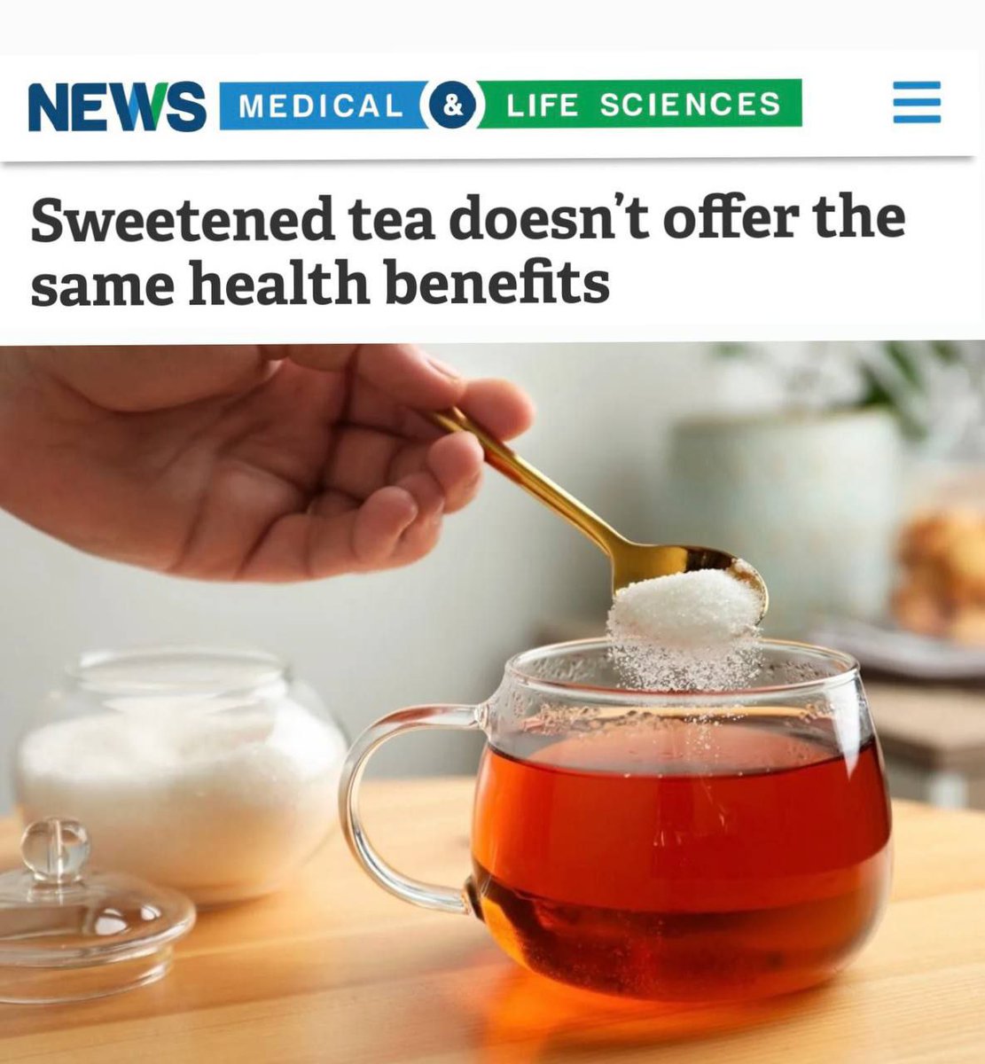 🛑🛑Le sucre dans le thé annule tous les bienfaits : le thé non sucré prolonge la vie de 20 %.
3 à 4 tasses de thé non sucré par jour réduisent le risque de décès par cancer de 14 % et par maladies cardiovasculaires de 27 %.