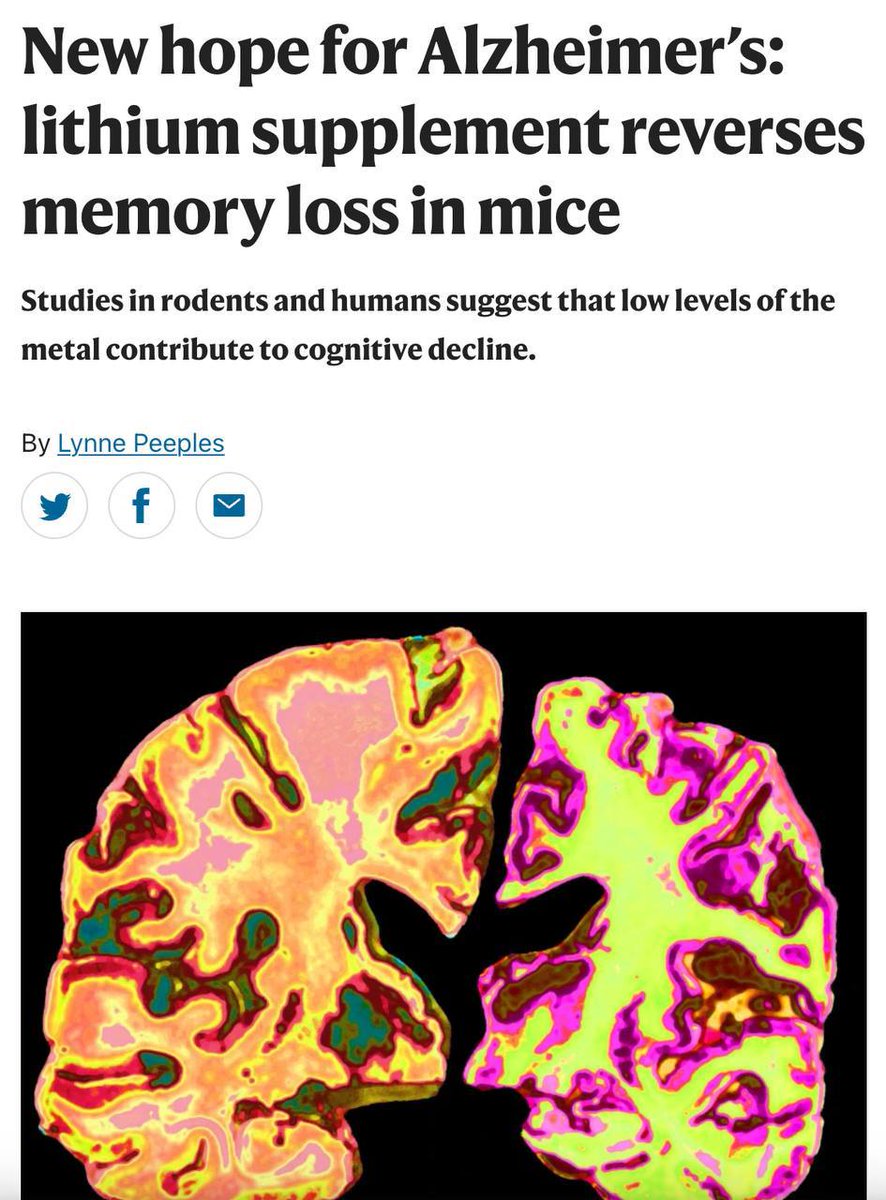 🛑🛑La maladie d'Alzheimer vaincue. 
Des scientifiques ont réussi, lors d'expériences sur des souris, à restaurer les souvenirs perdus grâce à un supplément de lithium, rajeunissant le cerveau et éliminant complètement les signes de la maladie..