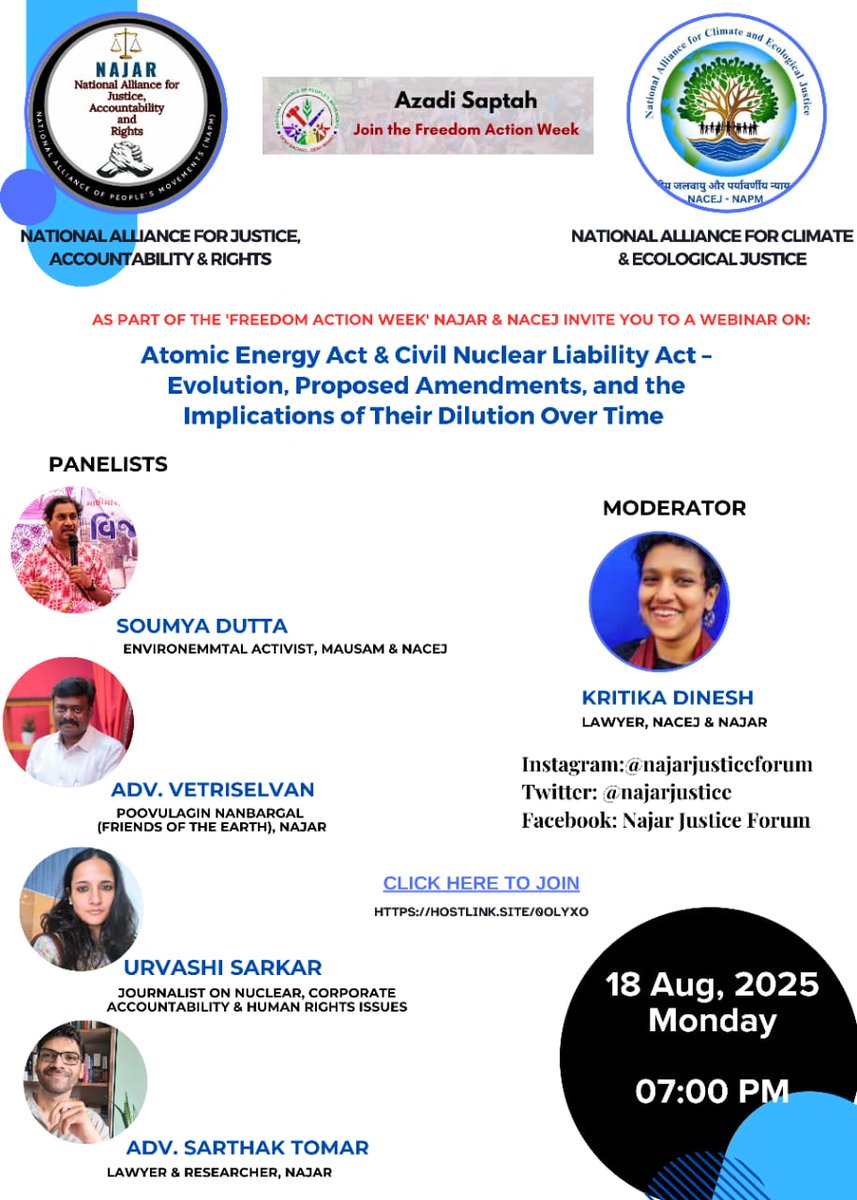 @najarjusticeforum (@najarjustice) on Twitter photo NAJAR-NACEJ invites you for a webinar on Atomic Energy Act & Civil Nuclear Liability Act – Evolution, Proposed Amendments, and the Implications of Their Dilution Over Time.
This webinar is part of the 'Freedom Action Week'- a campaign by <a href="/napmindia/">NAPM India</a> NAJAR-NACEJ invites you for a webinar on Atomic Energy Act & Civil Nuclear Liability Act – Evolution, Proposed Amendments, and the Implications of Their Dilution Over Time.
This webinar is part of the 'Freedom Action Week'- a campaign by <a href="/napmindia/">NAPM India</a>