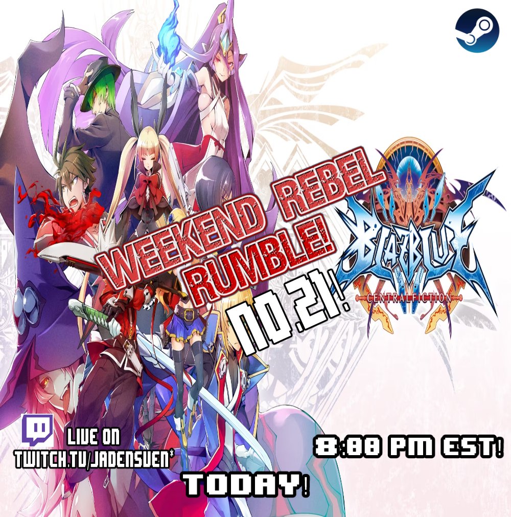 Only one game kicks off tonight's "Rising Hype" lineup! And it's my home, BBCF PC kicks off tonight @ 8:00! Registration closes @ 7 so hurry!

start.gg/tournament/wee…

#bbcf #blazblue #steam #pc #tournament #twitch